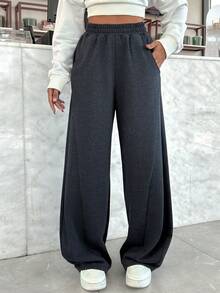 EURMUSE Wide Leg Elastic Waist Track Pants, Seam Design, Fall Clothes - Dark Grey - View 4