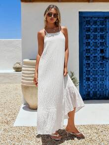 Vivid Eden 女士宽松休闲度假连衣裙，荷叶边下摆，露背设计，纹理面料，春夏款 - 白色 - 查看 7