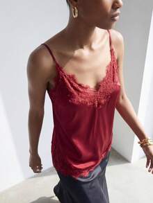 Maija Romantic & Elegant For Valentine's Day Burgundy Satin Lace Patchwork Side Slit Women's Camisole Top Summer