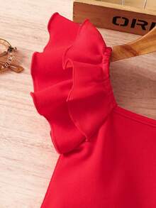SHEIN 女童夏季休闲纯色荷叶边连体裤 - 紅色 - 查看 6