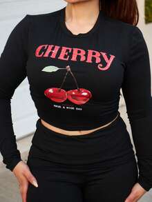 Lupita Cardoza Ropa de otoño 2025 para mujer/Ropa de invierno para mujer/Conjuntos de 2 piezas para mujer/Jeans acampanados/Blusas de manga larga/Pantalones de yoga de cuello redondo simple y manga larga/Top corto plisado/Pantalones anchos de pierna ancha/Pantalones acampanados/Traje de dos piezas para mujer/Gráfico de cereza/Ropa Y2K/Ropa urbana/Blusas para salir para mujer - Negro - Ver 4