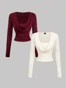 SHEIN MOD 女士纯色圆领长袖时尚百搭T恤 - 彩色 - 查看 9