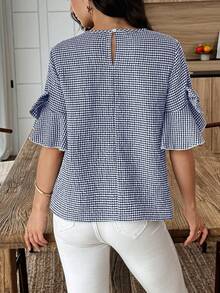Louniche 女士休闲格子蝴蝶结装饰衬衫，夏季 - 藏蓝色 - 查看 2