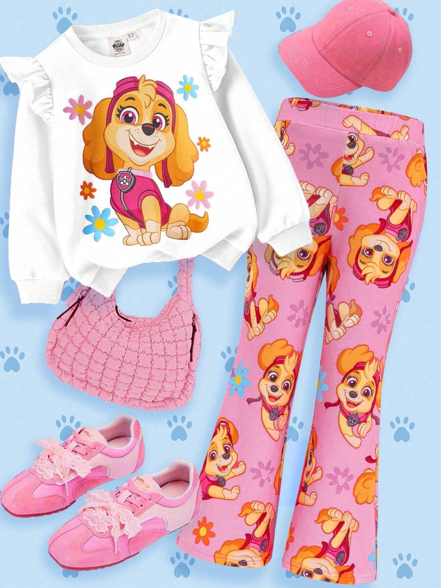 SHEIN | PAW Patrol 2pcs Young Girl Cartoon Cute Puppy Print Pink Knit Loose Sweatshirt And Floral All-Over Print Flared Pants Set, Autumn/Winter - Pink - View 1
