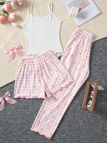 SHEIN 3pcs Tween Girls Casual Knit Pajama Set, Pink Cute Bow Print Camisole, Long Pants & Shorts - Baby Pink - View 2