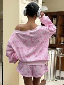 Muchica Women's Pink Asymmetrical Shoulder Letter Bow Print One-Shoulder Long-Sleeve Street Style Sweatshirt, Autumn/Winter Basic Asymmetrical Shoulder Short-Sleeve Sweatshirt Pink Y2k Top Y2k Clothes Women - Pink - View 2