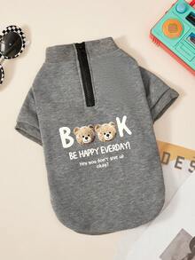 PETSIN 1件宠物猫狗通用时尚帅气灰色休闲学院风高领拉链可爱小熊图案印花舒适狗狗连帽衫 - 淺灰 - 查看 3