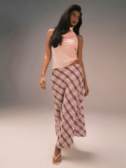 Athîral 女士优雅格子长裙，适合通勤，优雅粉色格子裙，H字廓形，舒适柔软的梭织面料，格子中长裙，粉色中长裙，情人节礼物