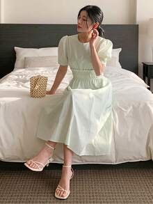 DAZY 女士圆领收腰宽松A字中长连衣裙 夏季 - 綠色 - 查看 1