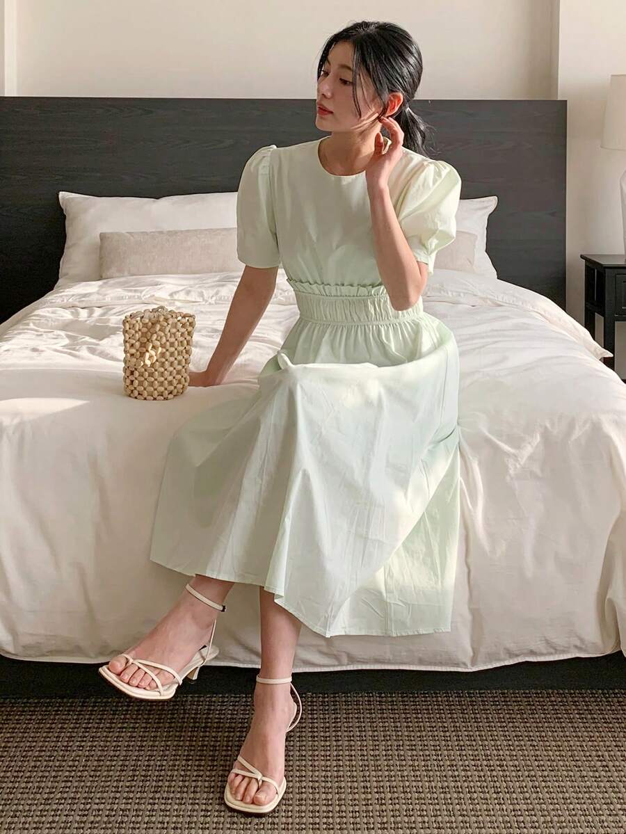 DAZY 女士圆领收腰宽松A字中长连衣裙 夏季 - 綠色 - 查看 1