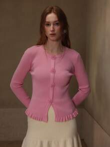 MOTF PREMIUM RHINESTONE BEADED DETAIL FLARE SLEEVE RUFFLE HEM SLIM FIT SWEATER - Baby Pink - View 4