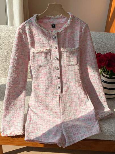 Comfortcana Women's Pink Elegant Commuter Tweed Jumpsuit Brunch 2 Piece Set Plaid Two Piece Set Pants Suits For Woman Retro Women Clothes Tweed  French Style Romper ,Winter Outfit For Women,Elegant Plaid  Jumpsuit For Women