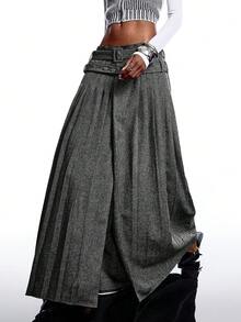 LYSMO Damen Mode Pendler Taillengürtel Plisseerock - Schwarz - Übersicht 4