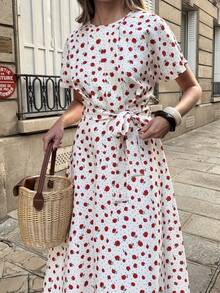 Pariaura 女士休闲碎花系带连衣裙 - 白色 - 查看 3