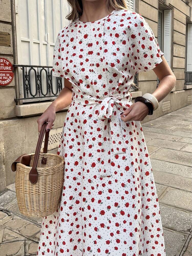 Pariaura 女士休闲碎花系带连衣裙 - 白色 - 查看 3