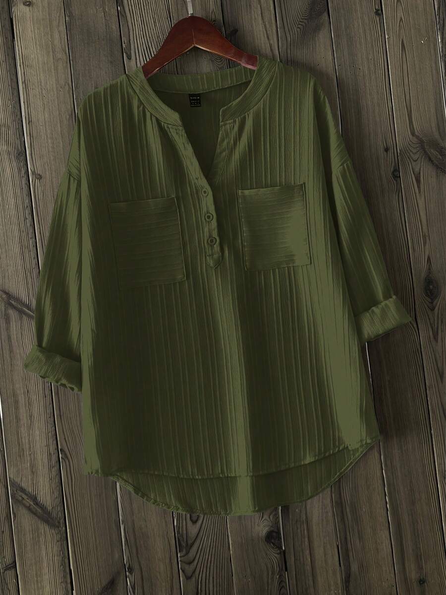 EMERY ROSE Camisa casual de mujer de unicolor con cuello en V y hombros caídos - Verde militar - Ver 1
