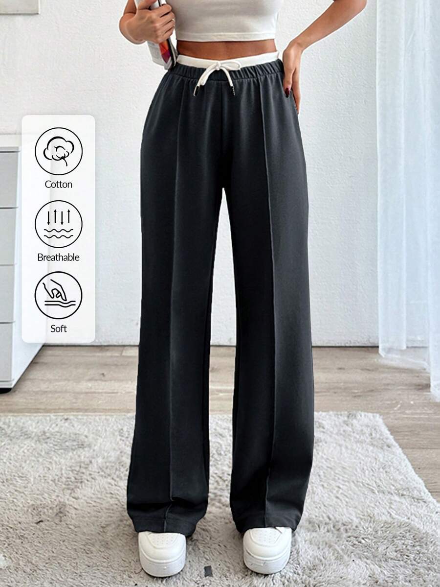 EURMUSE Drawstring Waist Pants - Black - View 1
