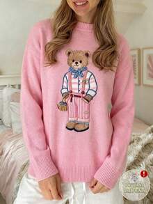 Comfortcana 时尚粉色圆领针织泰迪熊毛衣 - 粉色 - 查看 9