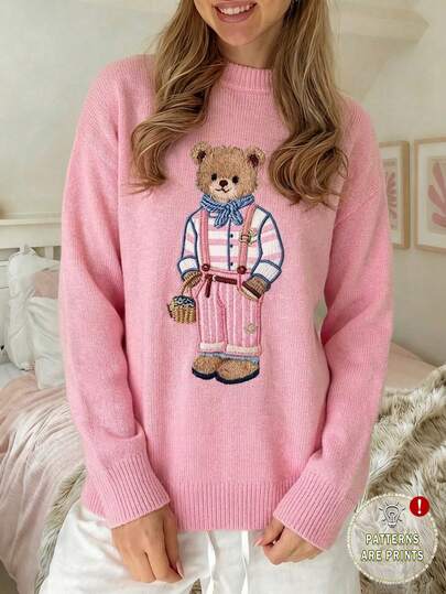 CovetEZ Trendig rosa stickad nallebjörnströja med rund halsringning