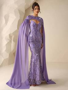 Coutiva A Luxurious And Elegant Full-Length Sequined Dress In Shiny Purple, With Spaghetti Straps, A Fitted Silhouette, A Zipper Closure And A Fishtail Hem, Along With A Large Sequined Chiffon Shawl. It Is Perfect For Parties, Weddings, Festivals And Spring. Luxury Dress Lilac Dress Elegant Gowns Glamorous Dress  Graduation Ceremony, School Opening, Music Festival, Birthday Party, Wedding, Afternoon Tea Gathering, Ball - Purple - View 7