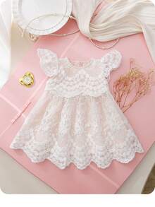 Newborn Baby Girl Elegant Cute White Mesh Embroidery Ruffle Hem Dress