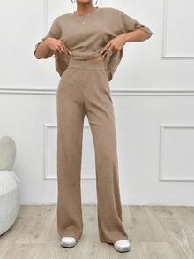SHEIN Tall Cotton Simple Summer Solid Loose Drop Shoulder Short Sleeve Top And Straight Pants - Mocha Brown - View 5