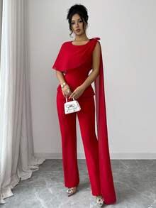 Rafferiza Bộ đồ nữ thanh lịch gồm áo không tay ôm sát và quần ống đứng bằng vải chiffon mỏng họa tiết hoa 3D, thích hợp cho mùa xuân/hè. - Đỏ - Xem 4