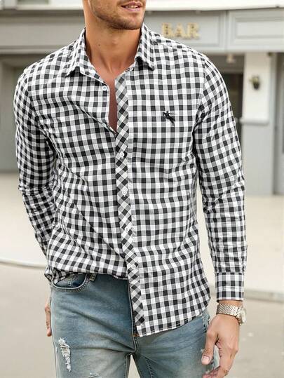 Manfinity Homme Camisa de manga larga casual/de trabajo de talla grande para hombres con cuello a cuadros y abotonadura sencilla