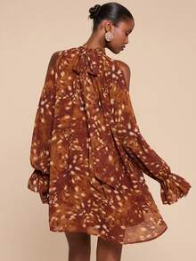 SHEIN BAE 女士棕色系带印花露背吊带不规则下摆长袖雪纺上衣，豹纹印花，棕色上衣，优雅，外出上衣，情人节，夏季上衣 - 棕色 - 查看 2