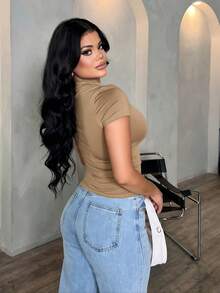 SHEIN SXY Women's Casual Versatile Asymmetric One Shoulder Exposed Shoulder Blouse, Elegant Minimalist Design, Summer - Camel - View 2