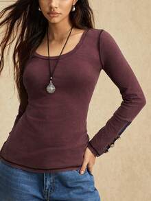 Easelle Casual Retro Scoop Neck Fitted Metal Design Women T-Shirt Women Long Sleeve Tops Winter Tops For Women Long T Shirt For Women Fitted Tops Women Winery Clothes For Women