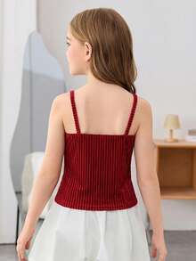 SHEIN Tween Girl Black Knit Fitted Rhinestone Bow Decor Slit Halter Neck Chic Camisole Top, Y2K, Back To School, Mommy And Me Matching - Red - View 2