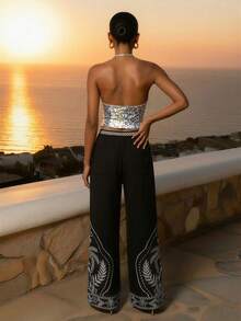 CAJUNI 女士吊带背心，银色夏季针织修身款，正面饰有亮片，低背设计，短款长度，派对上衣，魅力时尚风格，度假夜生活，闪亮迪斯科亮片图案，夏季，春季，情人节，新年，派对上衣，海滩，优雅女士衬衫，休闲女士衬衫，夏季度假，闪光上衣，亮片上衣 - 銀色 - 查看 2