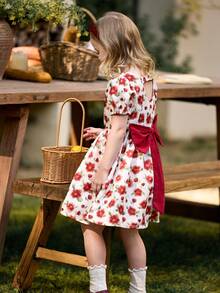 SHEIN Vintage Floral Print Puff Sleeve Dress With Bow Back For Young Girls, Suitable For Spring/Summer And Outdoor Vacation - Red and White - View 5