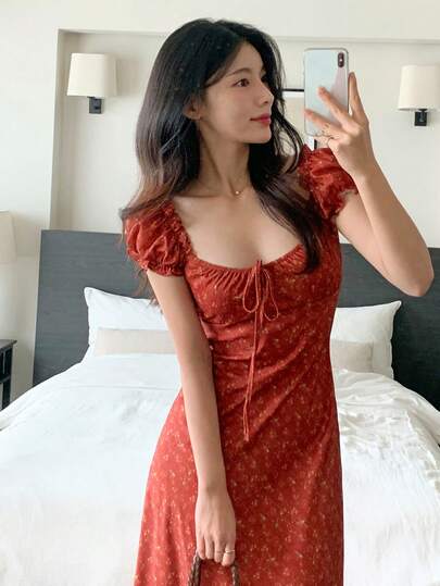 DAZY 女士方领碎花红色泡泡袖中长连衣裙