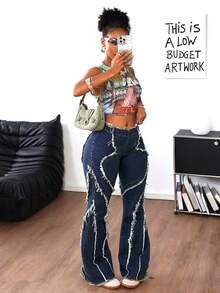 Jeanoix 女士休闲水洗毛边喇叭牛仔裤 - 藍色 - 查看 4