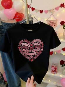 Camiseta de algodón para mujer con estampado de corazón en forma de texto amoroso y corazones rojos para San Valentín y ocasiones románticas - Negro - Ver 8