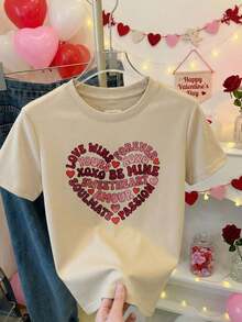Camiseta de algodón para mujer con estampado de corazón en forma de texto amoroso y corazones rojos para San Valentín y ocasiones románticas - Albaricoque - Ver 11
