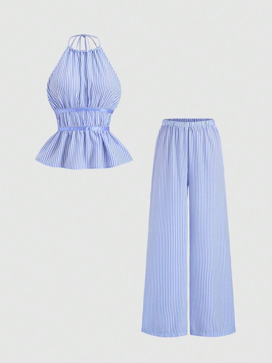 Sweetra Conjunto casual de uso diario y para ir al trabajo, con top de rayas con cordón y dobladillo con volantes, y pantalones de pierna ancha para mujer - Azul - Ver 1