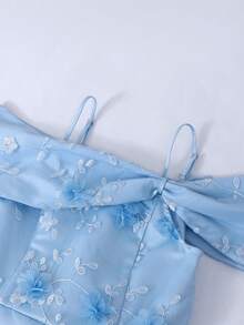 SHEIN Teen Girls' Off Shoulder Bowknot Fit & Flare Dress, Suitable For Banquet, Blue - Baby Blue - View 7