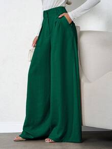 SHEIN Tall 女款米色深褶皺亞麻長褲，適合高個女性 - 綠色 - 查看 4