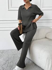 EURMUSE Cotton Two Pieces Set Polo Neck Top And Pant Set Rib Knit Fabric - Dark Grey - View 3