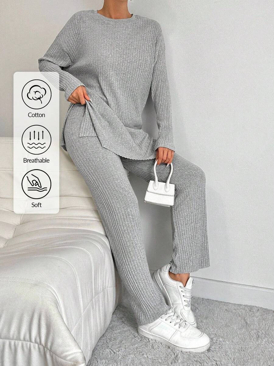 EURMUSE 100%Cotton Drop Shoulder Split Hem Tee & Pants - Light Grey - View 1