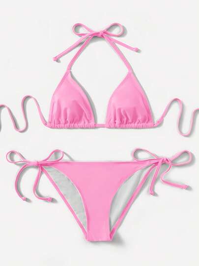 SHEIN Swim 2025 Enfärgad Bikini med Knytband, Semester & Strand