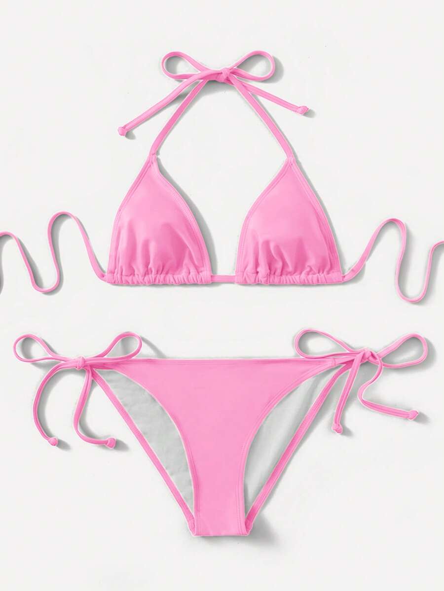 SHEIN Swim 2025 纯色系带比基尼泳衣，度假沙滩 - 粉色 - 查看 1