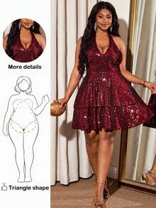 Truni Váy sequin cổ chữ A màu đỏ cỡ lớn dành cho nữ, thích hợp cho các dịp tiệc tùng/2026/Năm mới - Đỏ - Xem 1