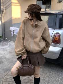 DAZY 女士麂皮绒质感韩版长袖外套 - 卡其色 - 查看 8