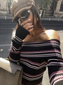 DAZY 女士露肩高领条纹修身毛衣 Y2k - 灰色 - 查看 5
