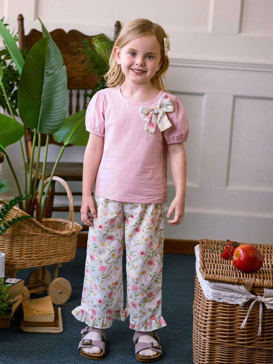 Blossori 2pcs/Set Toddler Girls' Vintage Floral Bowknot Puff Sleeve Shirt And White Flower Print Pants, Cute & Sweet, Suitable For Spring/Summer And Outdoor Vacation - Pink - View 1