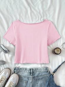 Áo thun nữ tuổi teen màu xanh dương đậm, chất liệu dệt kim, in khẩu hiệu, kiểu trễ vai, tay ngắn, ôm sát, thích hợp cho mùa xuân và hè, mát mẻ, cơ bản, mặc hàng ngày, đa năng, thời trang thể thao mùa hè, mùa tựu trường, đồng phục học sinh. - Hồng - Xem 2